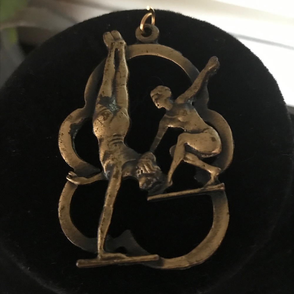 Vintage Brass Tone Gymnastics  Silver Tone Pendant 2 ⅛"